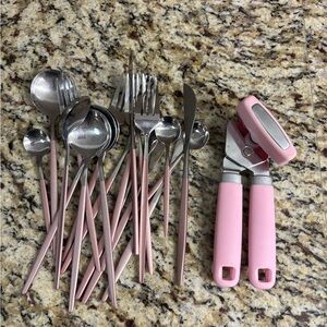 5 of Each Pink JASHII Utensils + Pink Can
Opener - Forks, Spoons & Knives